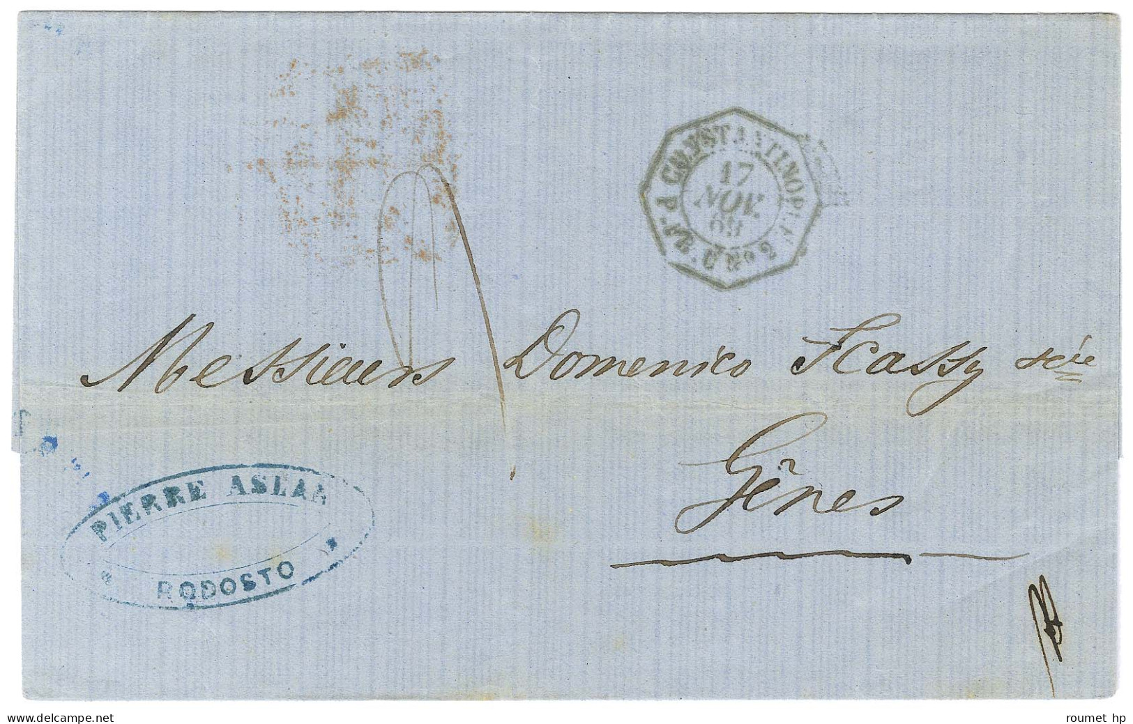 Càd Octo CONSTANTINOPLE P.FR.U N° 2 17 NOV. 69 Sur Lettre Acheminée De Rodosto Jusqu'à Constantinople Pour Gênes. Au Rec - Maritieme Post