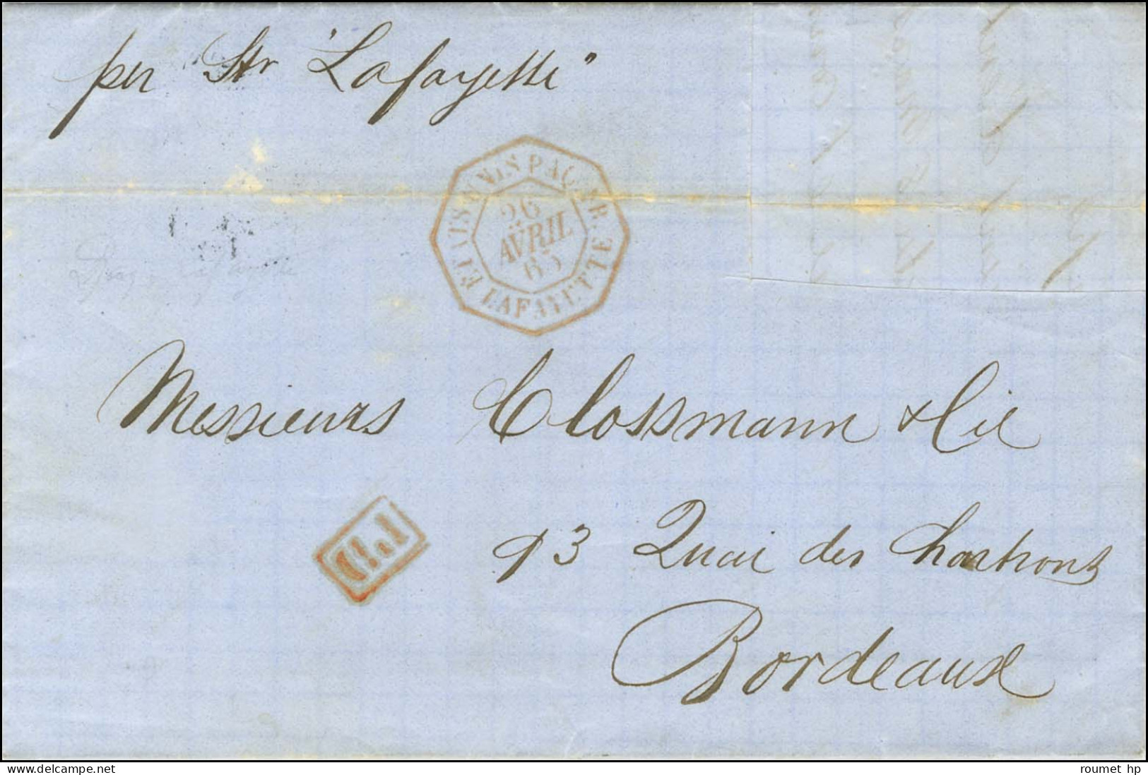 Lettre Avec Texte Daté De New York Le 26 Avril 1865 Pour Bordeaux, Au Recto Timbres Postes Découpés Et Très Rare Cachet  - Maritime Post