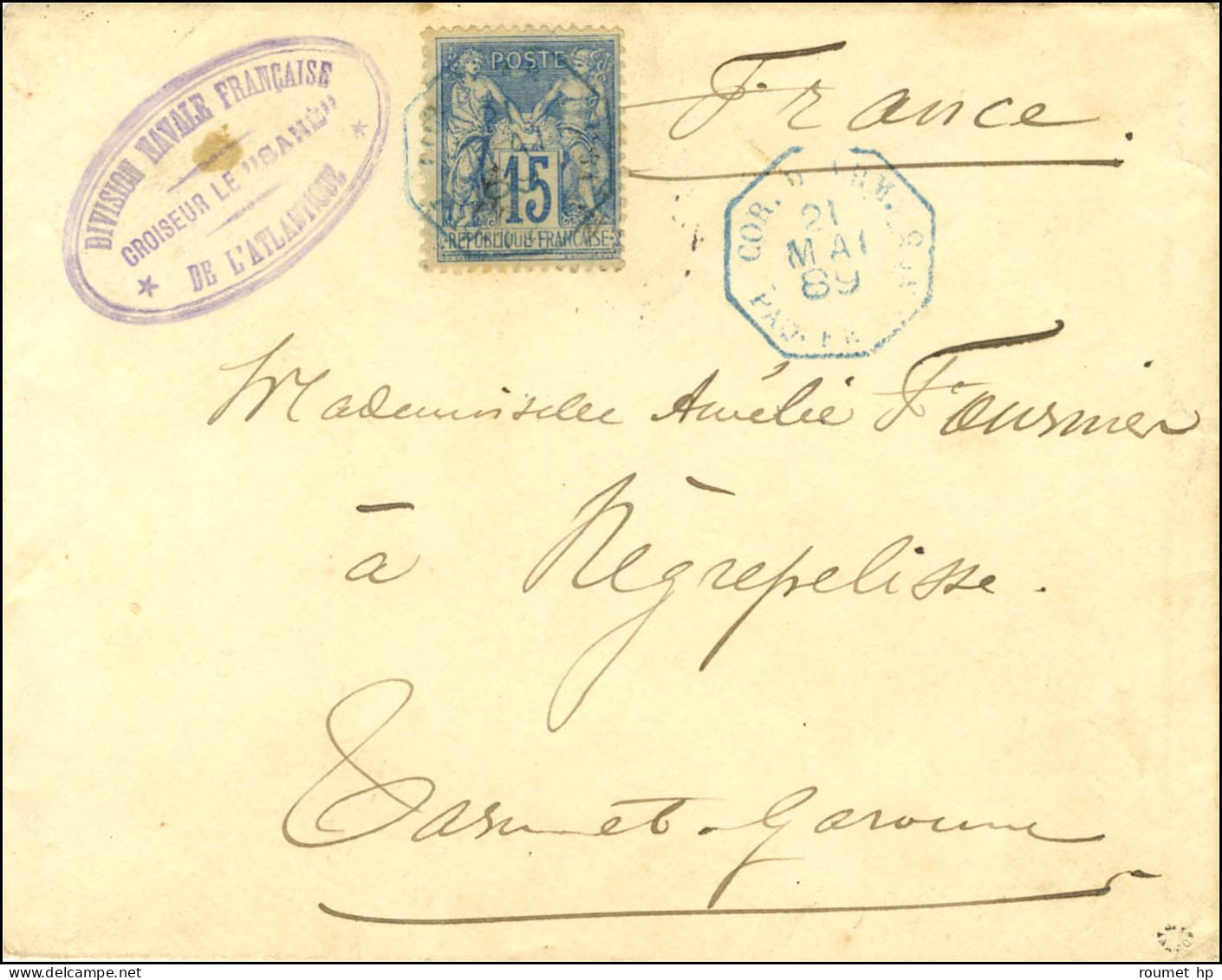 Càd Octo Bleu COR.D ARM. PAQ FR J N° 5 / N° 90 Sur Lettre En Provenance Du Croiseur Le '' Sané '' Division Navale França - Maritime Post