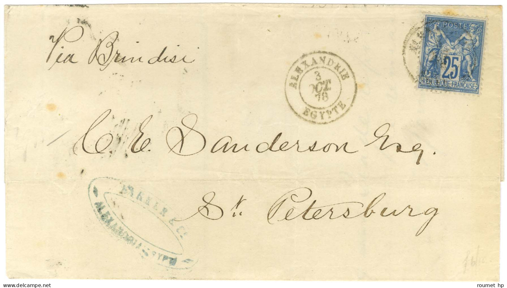 Càd ALEXANDRIE / EGYPTE / N° 79 Sur Lettre Pour Saint Petersbourg. Au Verso, Cachet De La Poste Italienne D'Alexandrie.  - Posta Marittima