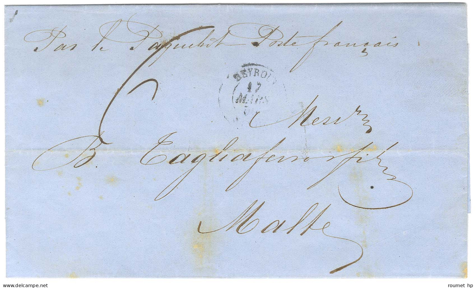 Càd BEYROUTH / SYRIE Sur Lettre Avec Texte Daté Du 17 Mars 1859 Pour Malte. Au Recto, Taxe 6. Au Verso, Càd De Passage A - Schiffspost