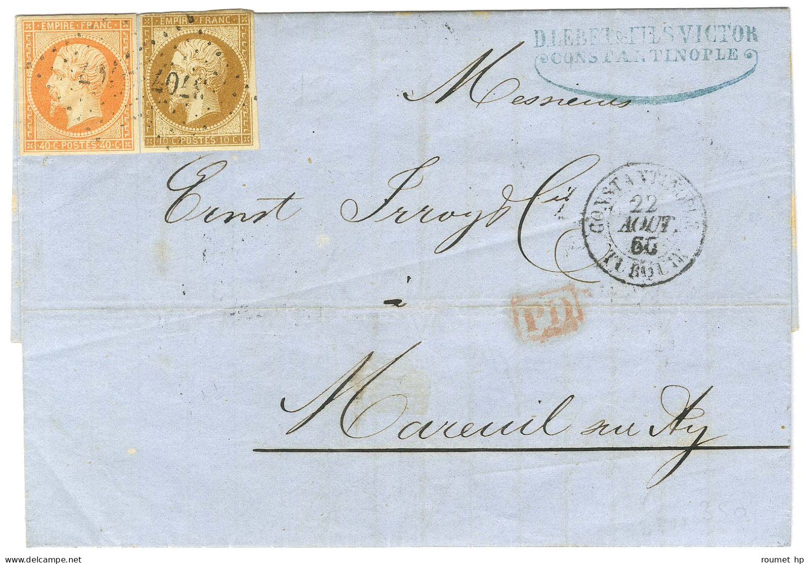 PC 3707 / N° 13 + N° 16 [les 2ex Belles Marges] Càd CONSTANTINOPLE / TURQUIE Sur Lettre Pour Mareuil (Marne). 1860. - SU - Correo Marítimo