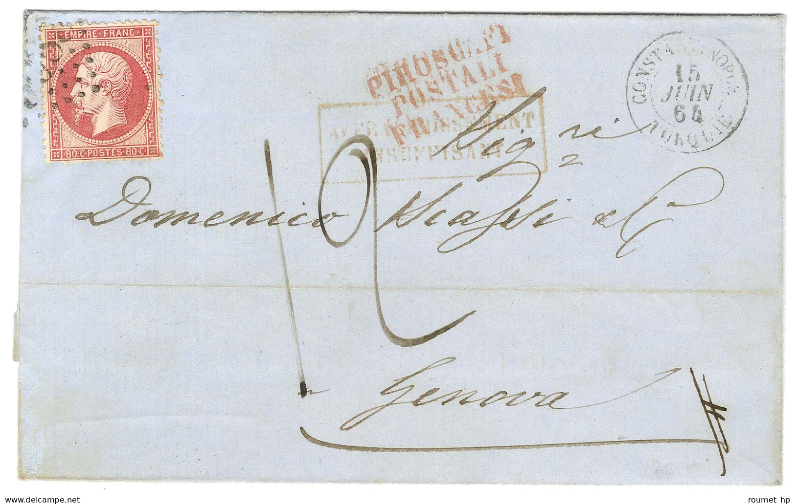 GC 5083 / N° 24 Rose Vif Càd CONSTANTINOPLE / TURQUIE Sur Lettre Insuffisamment Affranchie Pour Gênes Taxée 12. 1864. -  - Schiffspost