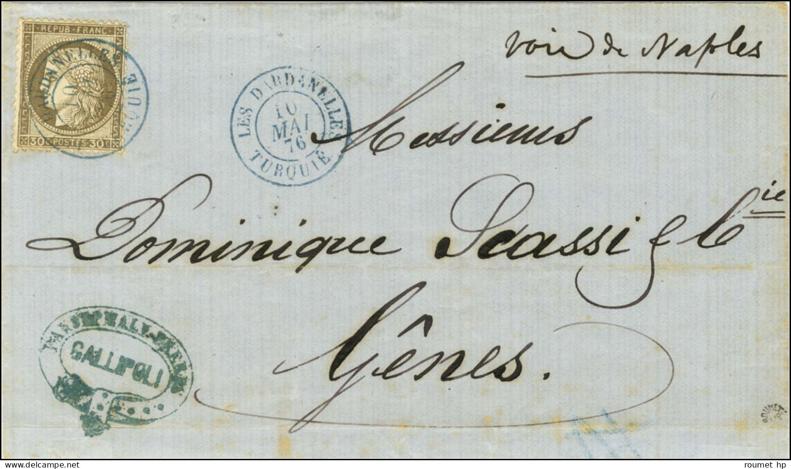 Càd Bleu LES DARDANELLES / TURQUIE / N° 56 Sur Lettre De Gallipoli Pour Gênes. 1876. - SUP. - R. - Correo Marítimo