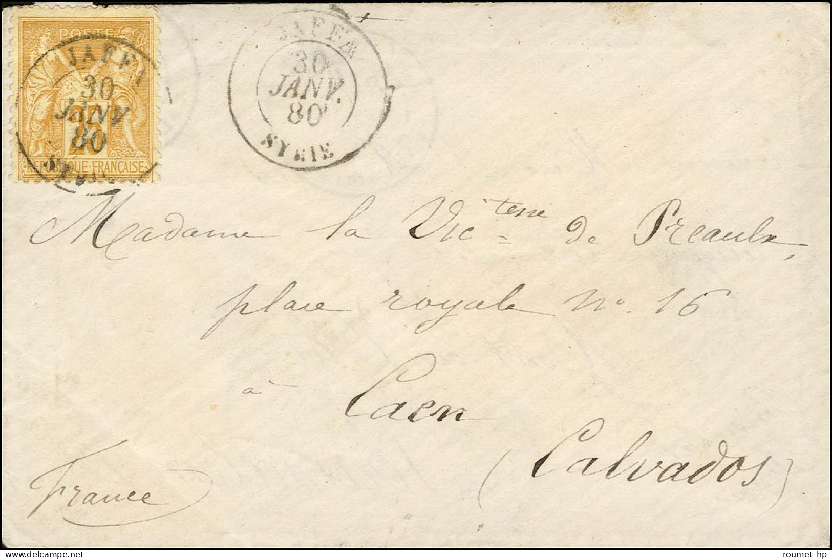 Càd T 18 CAEN / CALVADOS / N° 91 Sur Lettre Pour Le Consulat De France à Jérusalem. Au Verso, Càd De Passage ALEXANDRIE  - Posta Marittima