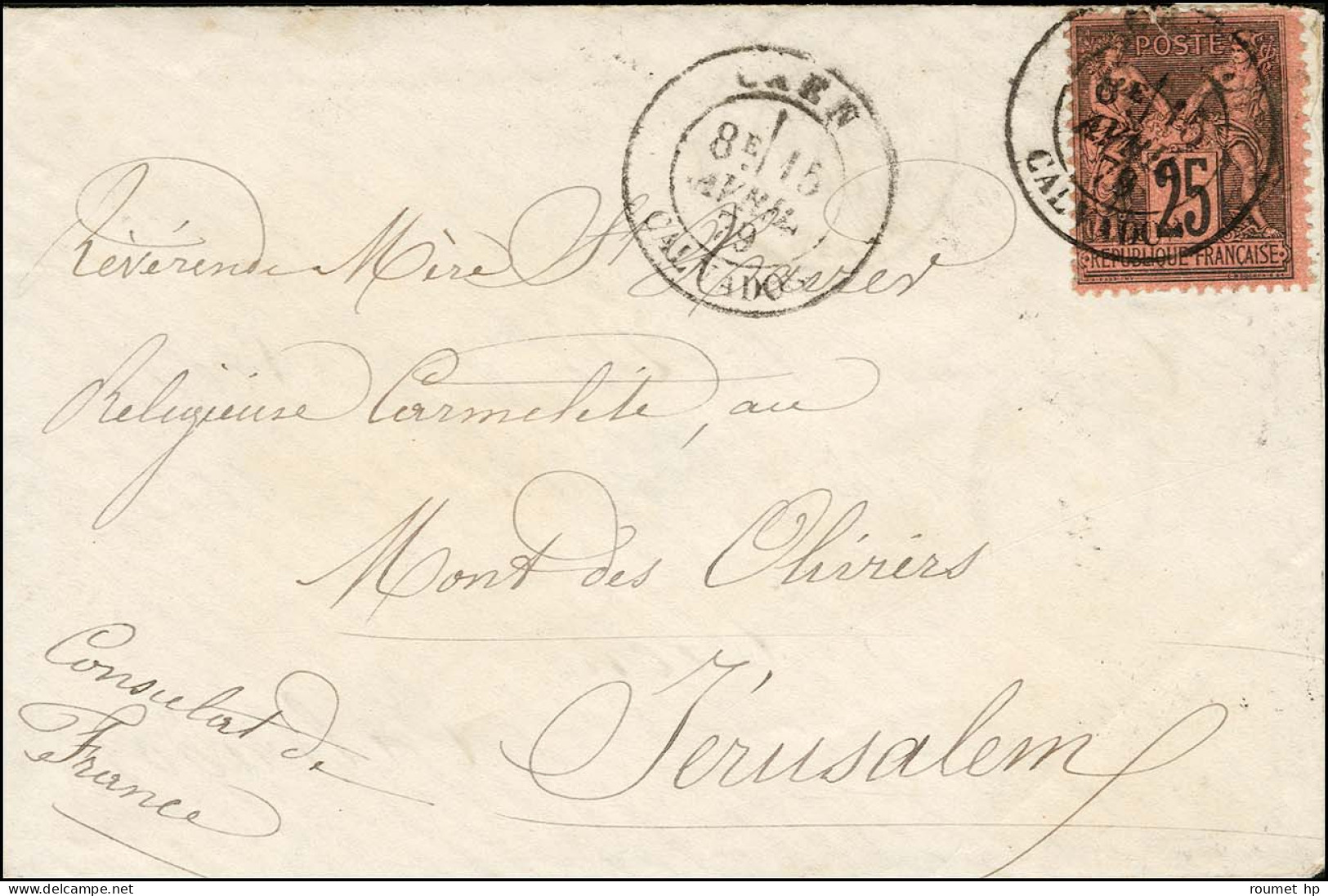 Càd T 18 CAEN / CALVADOS / N° 91 Sur Lettre Pour Le Consulat De France à Jérusalem. Au Verso, Càd De Passage ALEXANDRIE  - Posta Marittima