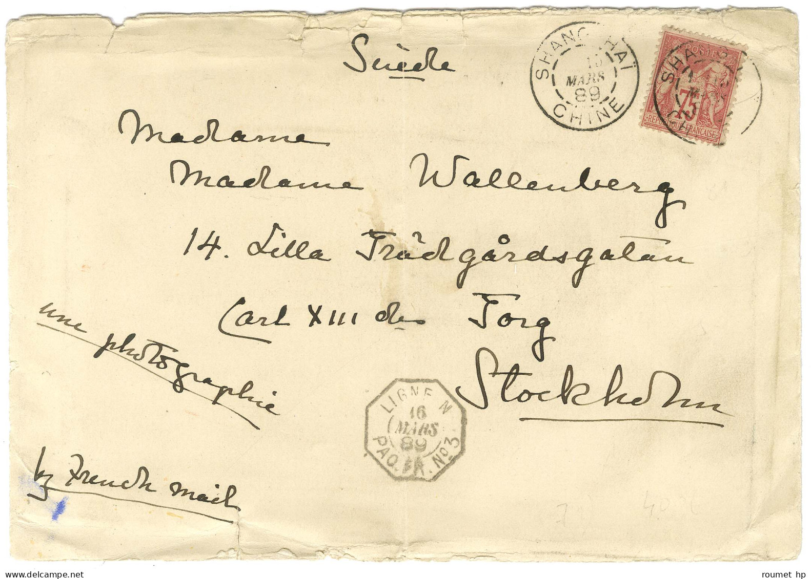 Càd SHANG-HAI / CHINE / N° 81 Sur Lettre Contenant Une Photographie Pour Stockholm. Au Recto, Càd Octo LIGNE N / PAQ FR  - Maritime Post