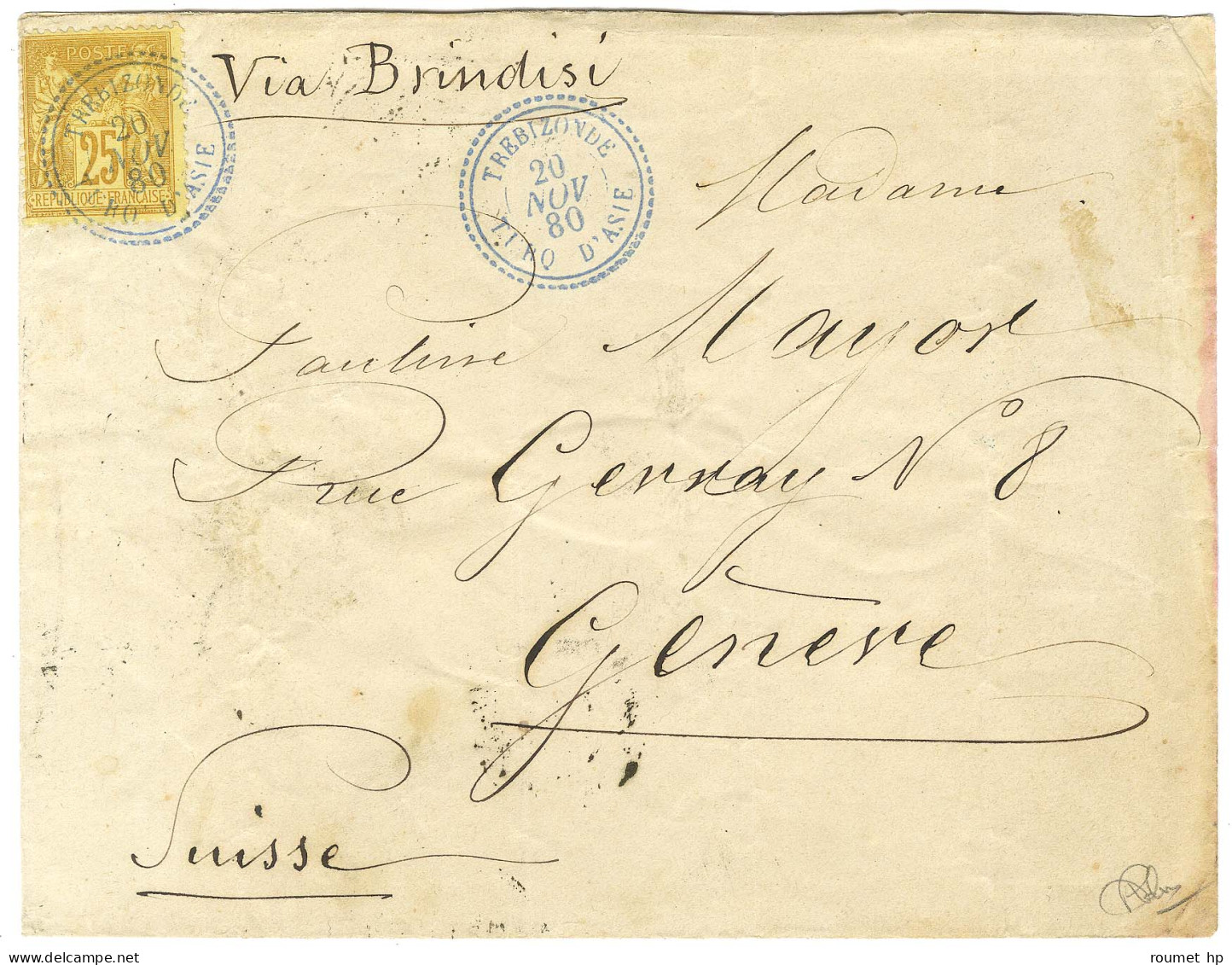 Càd Bleu TREBIZONDE / TURQ D'ASIE / N° 92 Sur Lettre Pour Genève. 1880. - SUP. - R. - Schiffspost