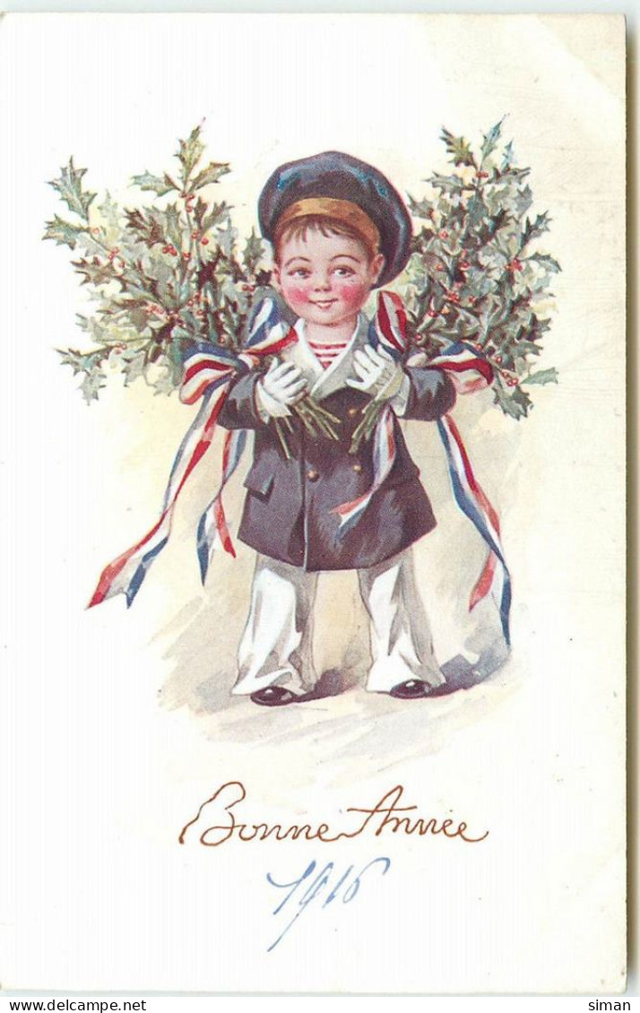 N°14831 - Bonne Année - Garçon Portant Des Bouquets De Houx Avec Des Rubans Tricolores - Patriottiche