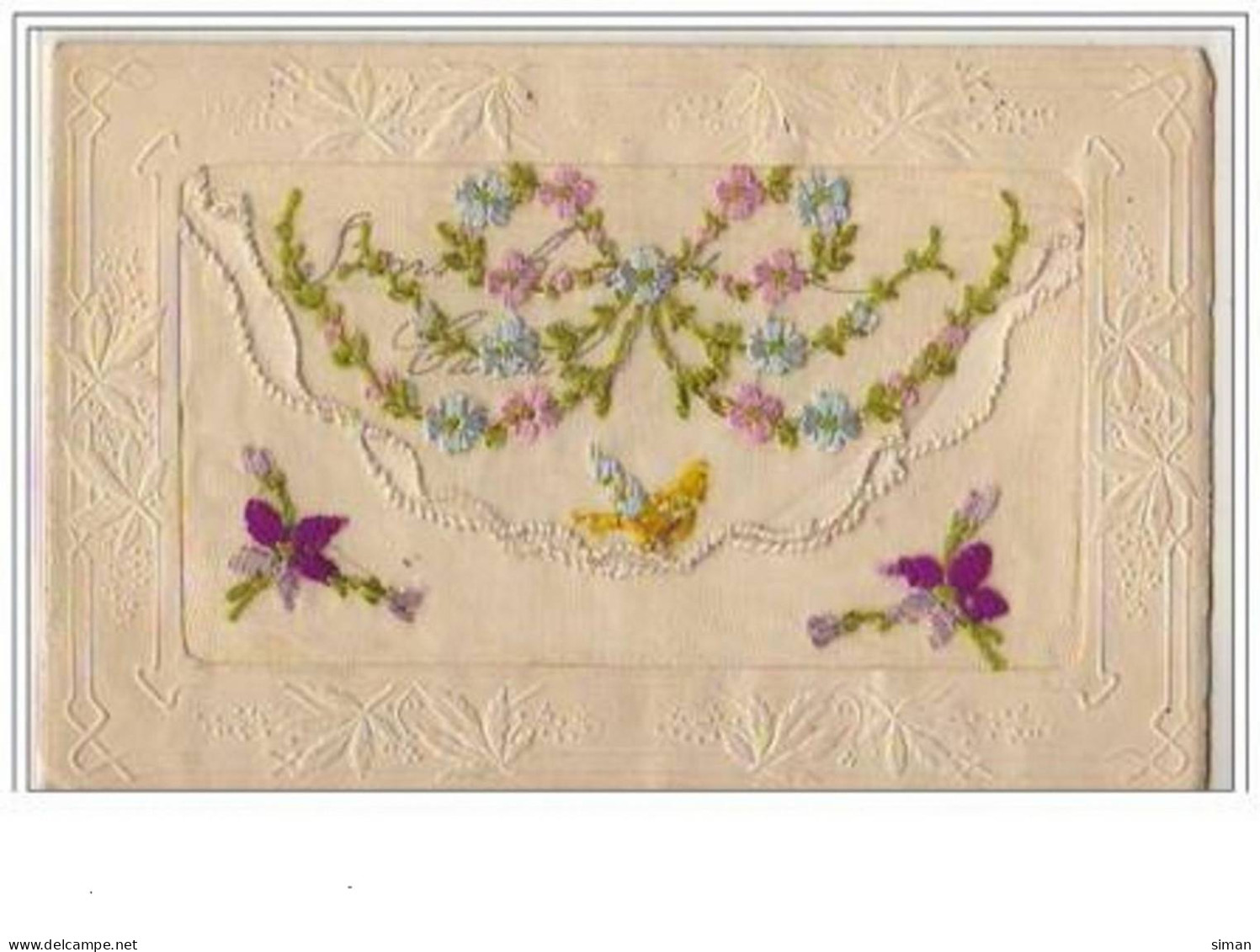 N°2301 - Carte Brodée - Fleurs Et Papillon - Ricamate