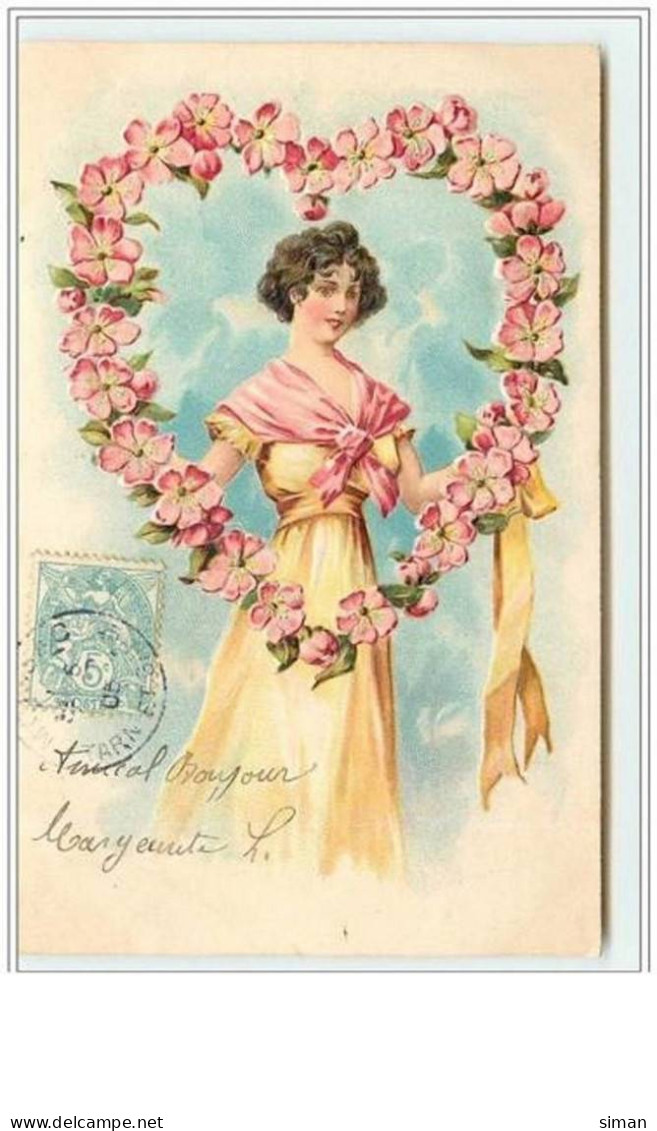 N°2350 - Carte Gaufrée -Femme Avec Un Coeur De Fleurs - Frauen