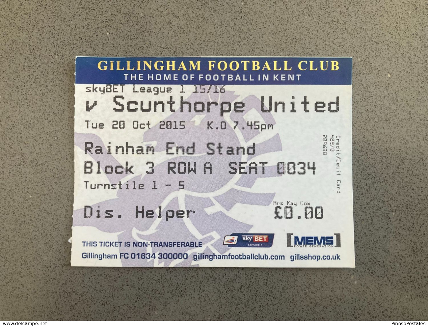 Gillingham V Scunthorpe United 2015-16 Match Ticket - Match Tickets