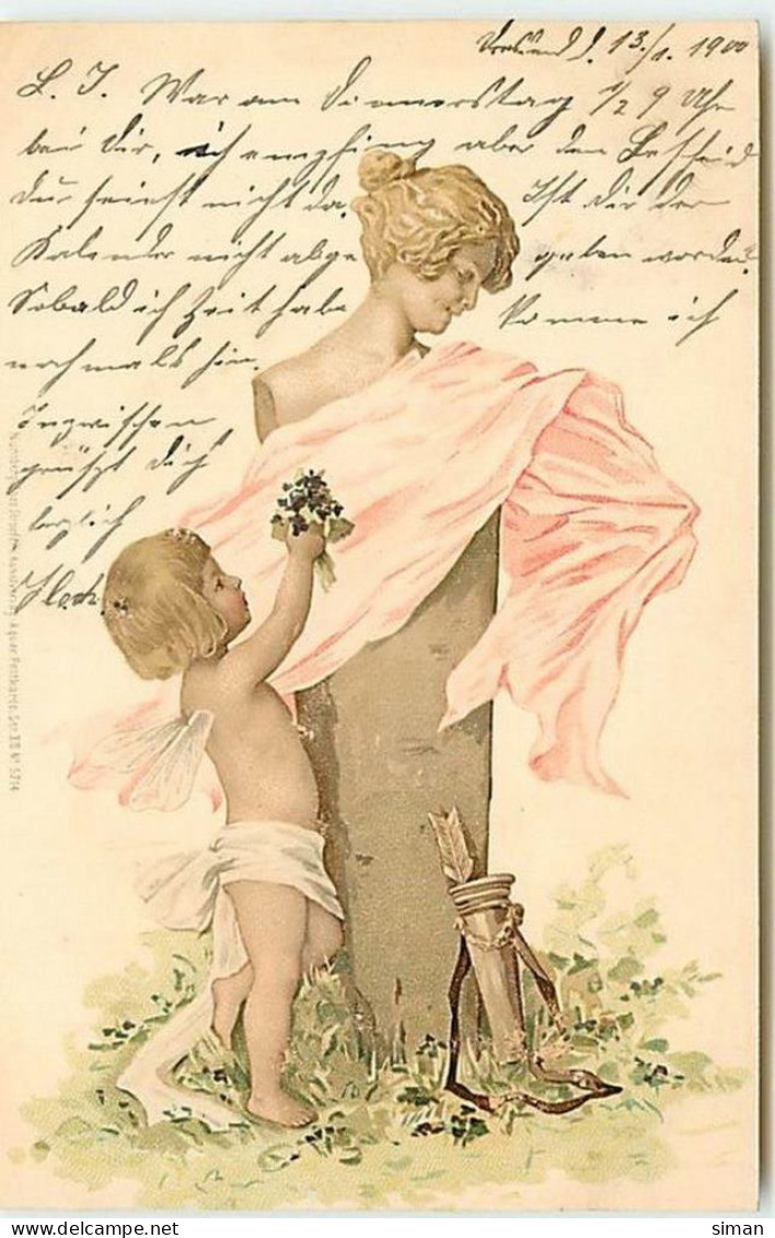 N°12639 - Théo Stroefer's - Cupidon Offrant Des Fleurs à Une Statue Voilée - Angels