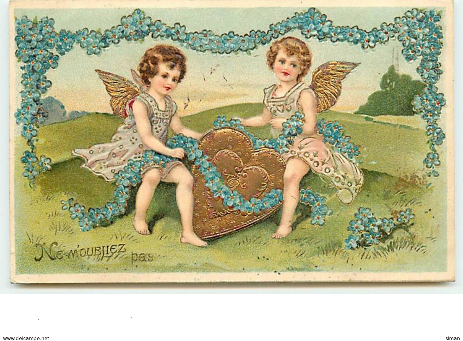 N°12640 - Carte Gaufrée - Ne M'oubliez Pas - Anges Près De Coeurs - Angels