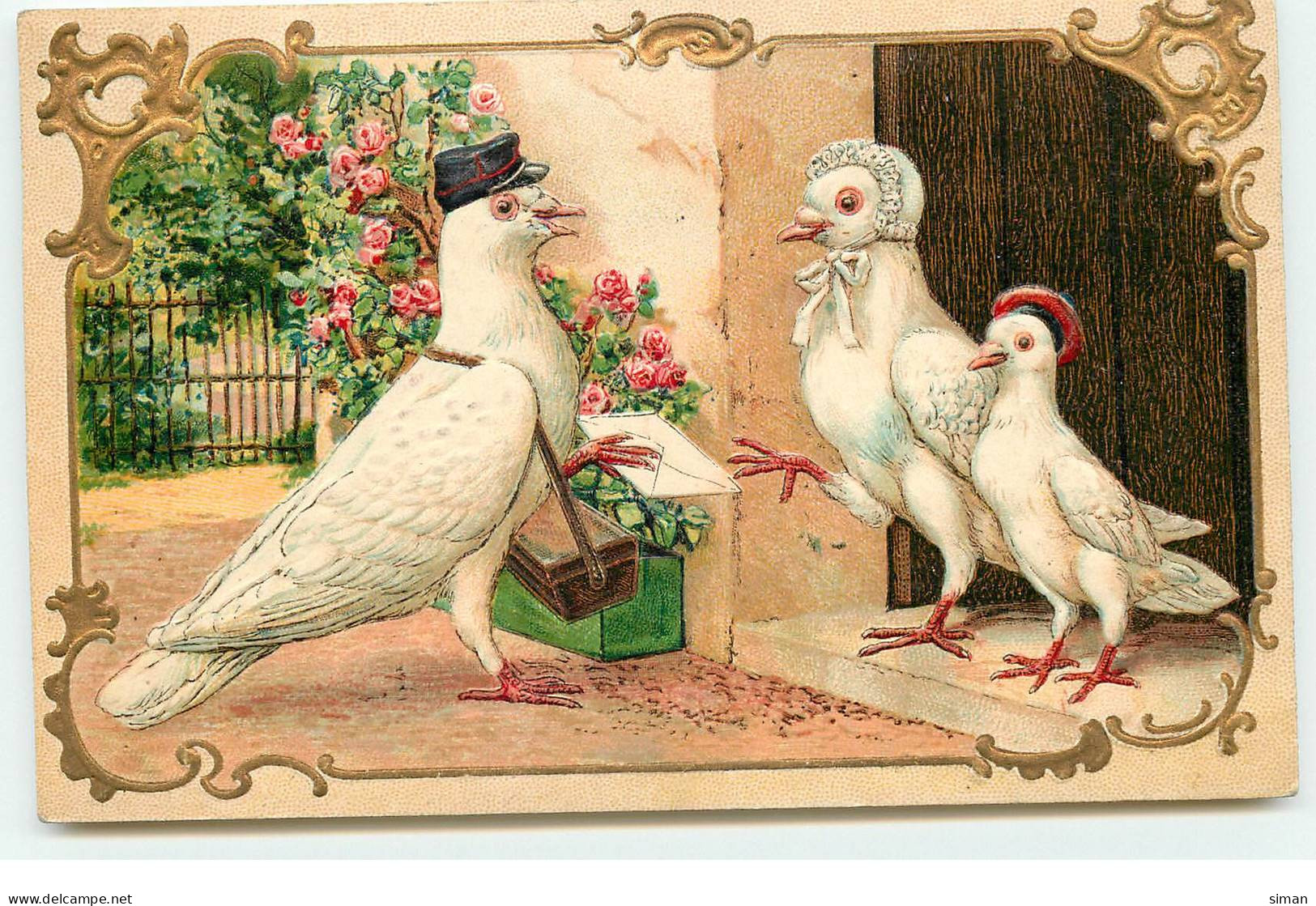 N°17298 - Carte Gaufrée - Pigeon Facteur Apportant Une Lettre - Gekleidete Tiere