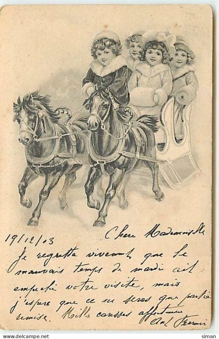 N°12648 - Carte Gaufrée - Enfants Dans Un Traîneau Tiré Par Des Chevaux - Sonstige & Ohne Zuordnung