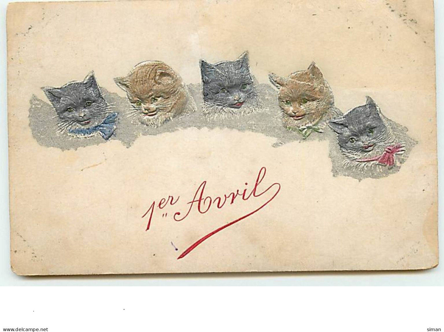 N°10699 - Carte Fantaisie Gaufrée - 1er Avril - Têtes De Chats - Erster April