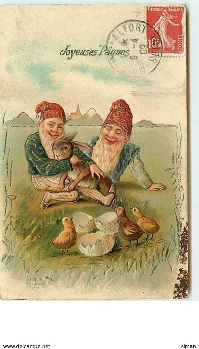 N°9586 - Carte Fantaisie Gaufrée - Joyeuses Pâques - Nains, Lutins Et Lapin - Easter