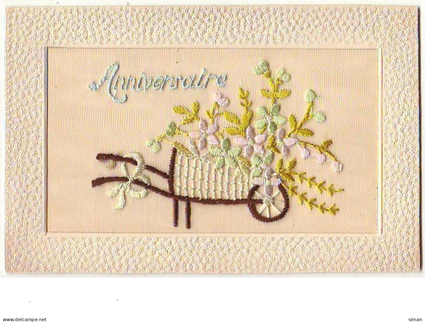 N°7456 - Carte Brodée - Anniversaire - Brouette Fleurie - Ricamate