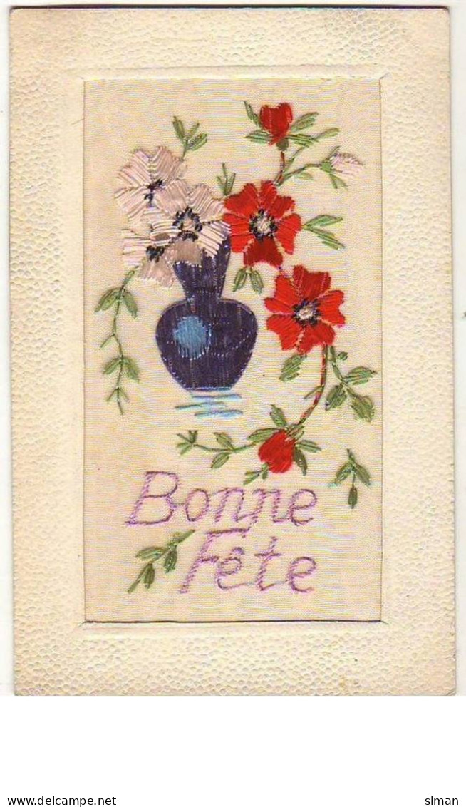 N°7408 - Carte Brodée - Bonne Fête - Vase Avec Des Fleurs Roses Et Rouges - Brodées