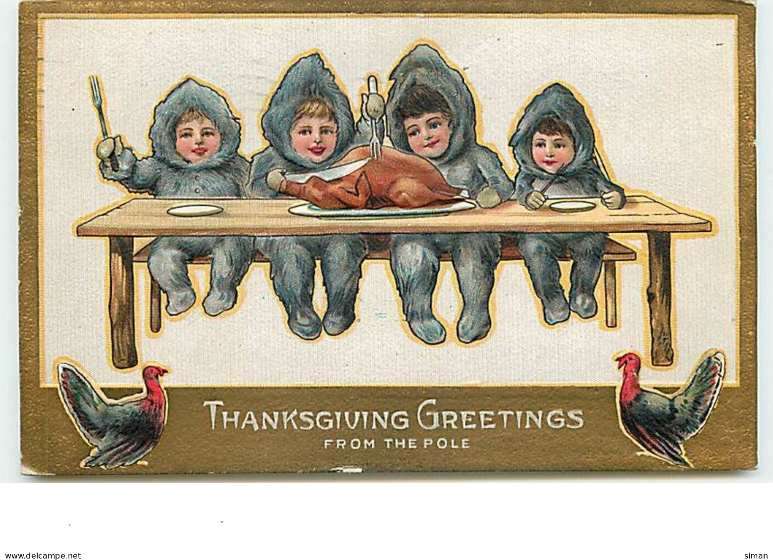 N°13709 - Carte Gaufrée - Thanksgiving Greetings From The Pole - Enfants à Table Se Préparant à Manger Une Dinde - Thanksgiving
