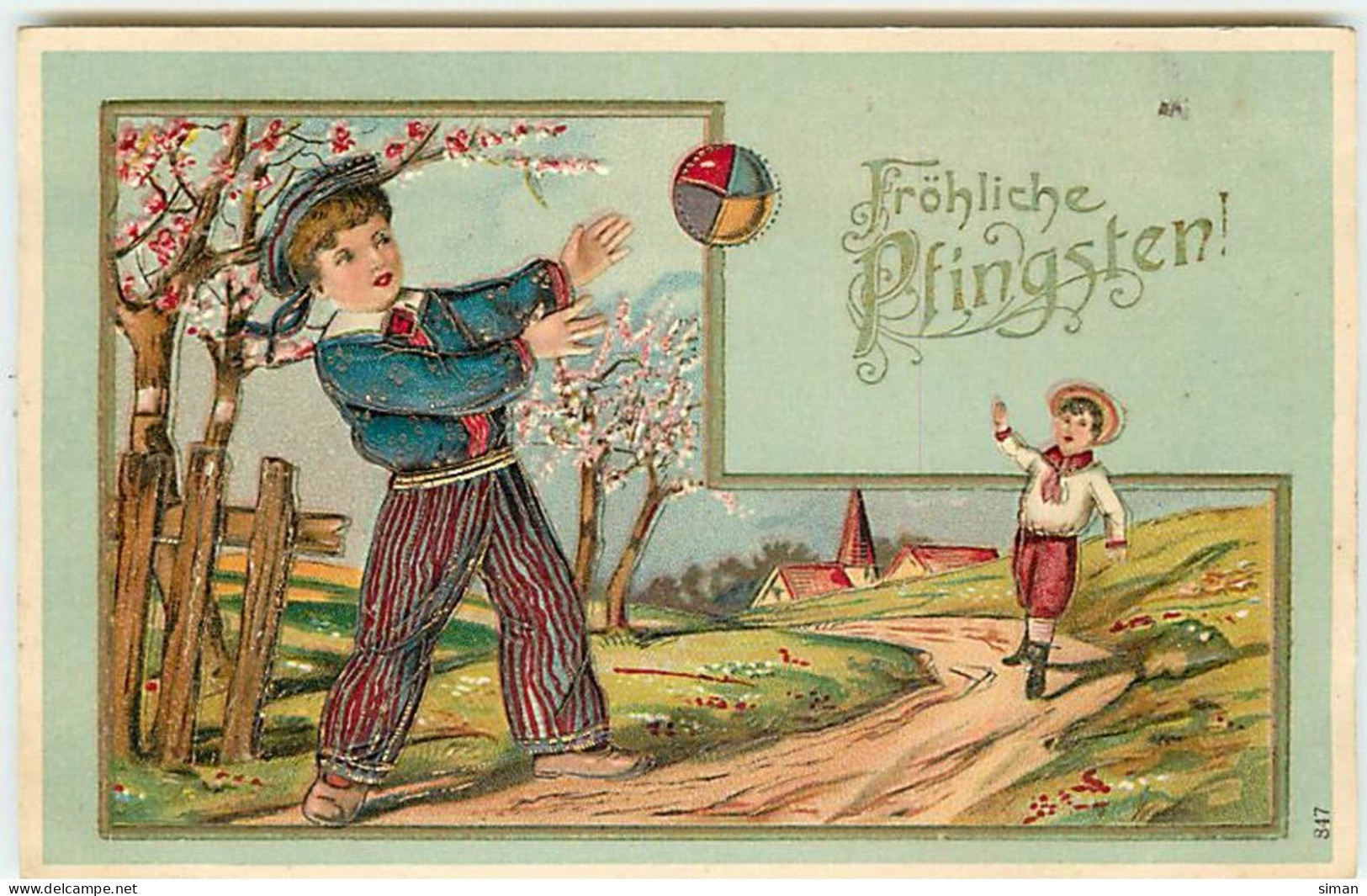 N°13710 - Carte Gaufrée - Fröhliche Pfingsten - Garçons Jouant Au Ballon - Pentecoste