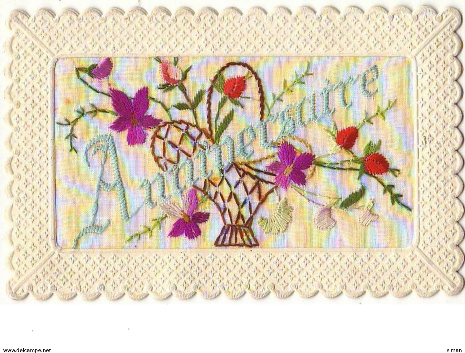 N°7410 - Carte Brodée - Anniversaire - Panier De Fleurs - Borduurwerk