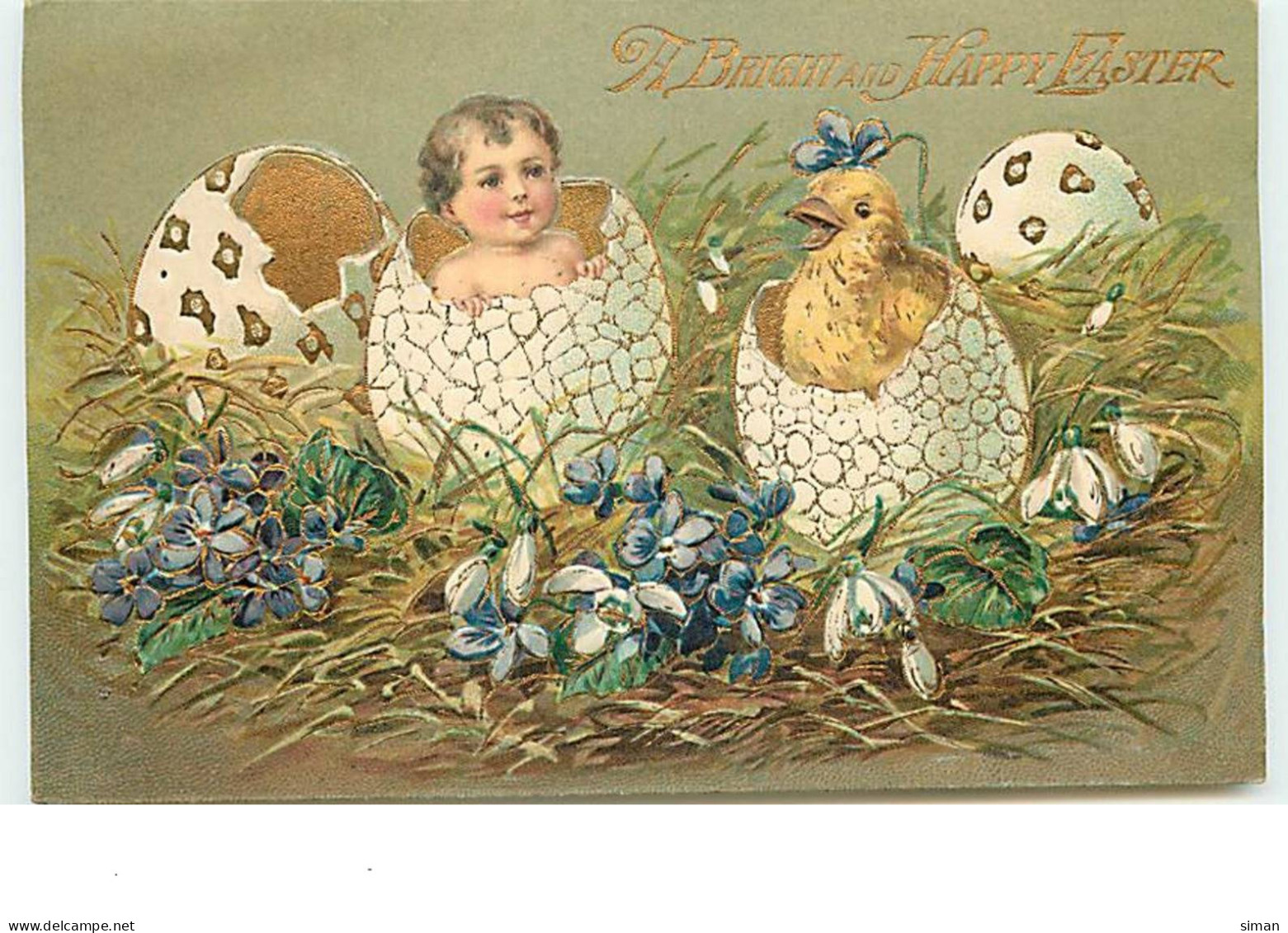 N°13718 - Carte Gaufrée - A Bright And Happy Easter - Bébé Et Poussin Sortant D'oeufs - Easter