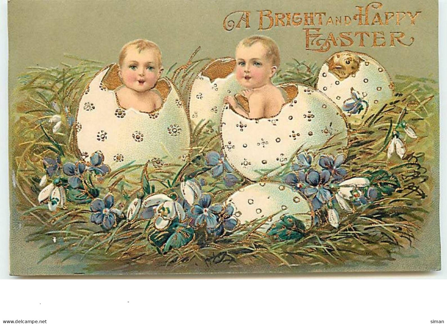 N°13719 - Carte Gaufrée - A Bright And Happy Easter - Bébés Et Poussin Sortant D'oeufs - Easter