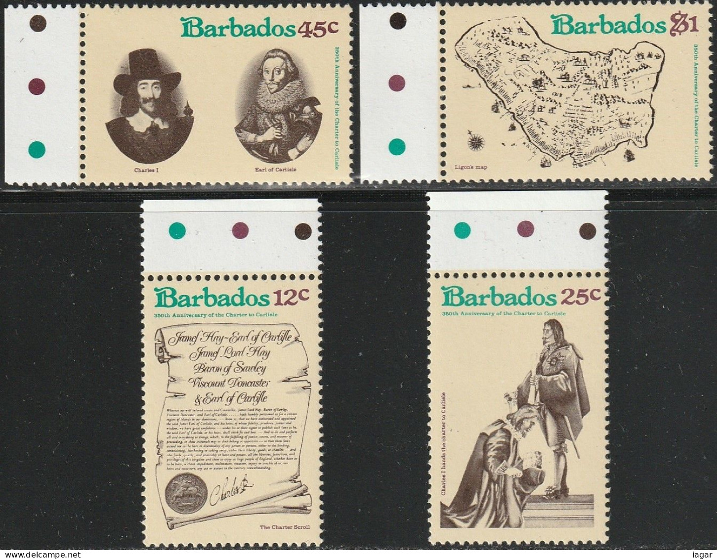 THEMATIC HISTORY:  350th ANNIV. OF GRANTING OF CHARTER TO EARL OF CARLISLE. LIGON'S MAP ETC   -   BARBADOS - Andere & Zonder Classificatie