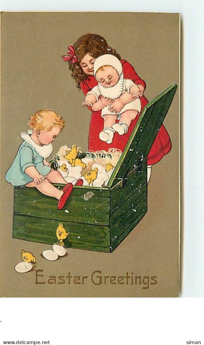 N°13725 - Carte Gaufrée - Flatscher - Easter Greetings - Enfants Ouvrant Un Coffre Plein De Poussins - Easter