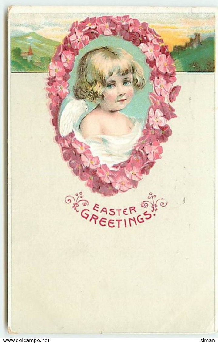 N°13728 - Carte Gaufrée - Easter Greetings - Ange Dans Un Médaillon - Pâques