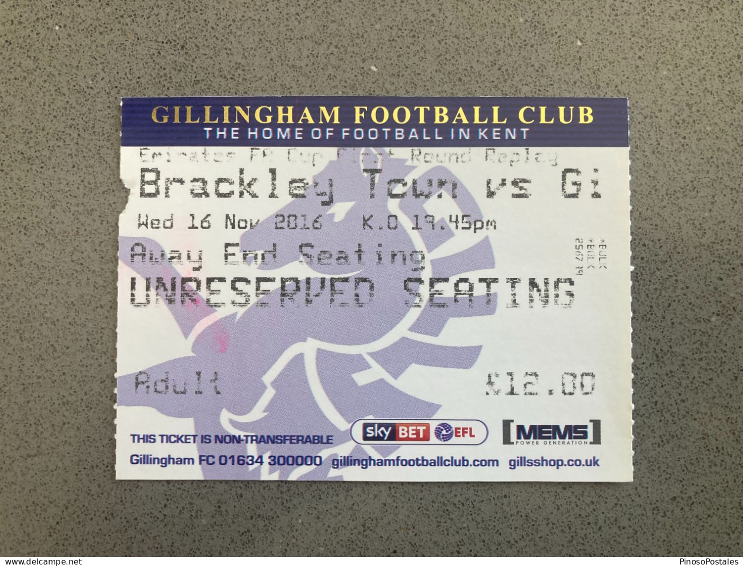 Gillingham V Brackley Town 2016-17 Match Ticket - Match Tickets