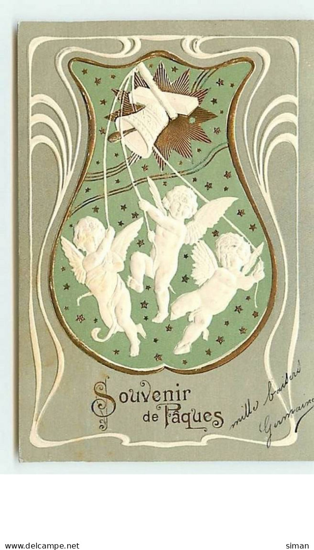 N°6380 - Carte Gaufrée - Souvenir De Pâques - Angelots Sonnant Une Cloche - Pâques