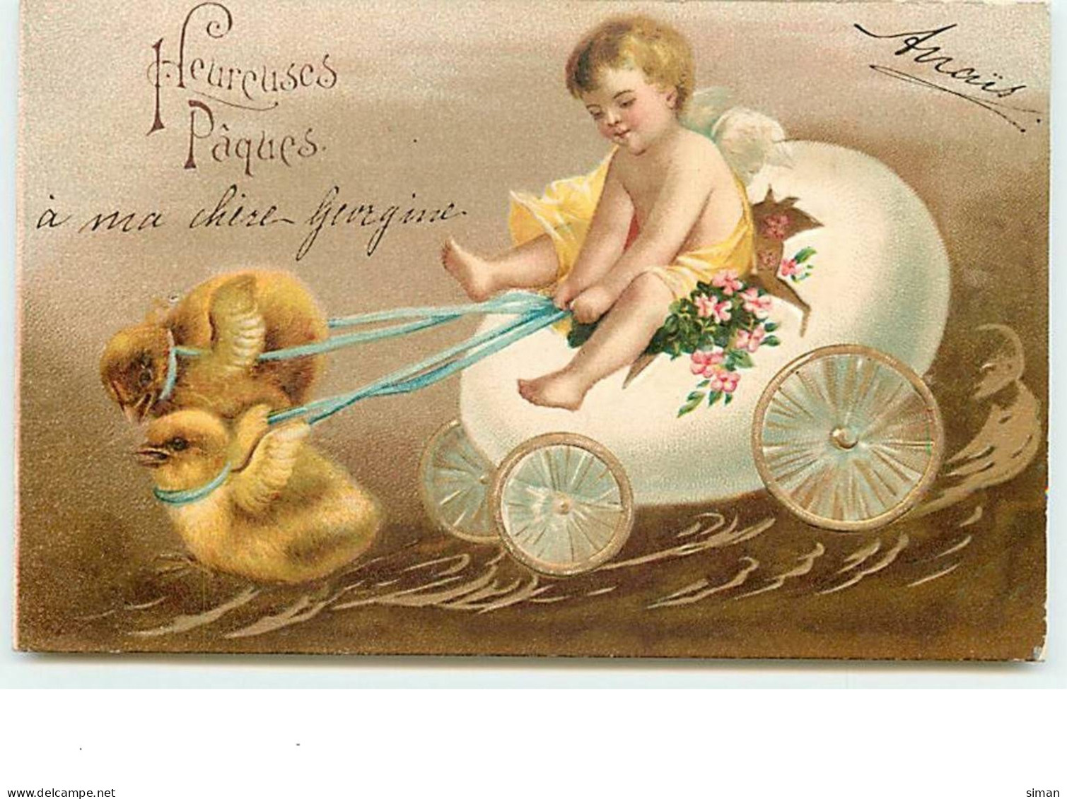 N°7480 - Carte Gaufrée - Heureuses Pâques - Angelot , Attelage De Poussins - Pâques