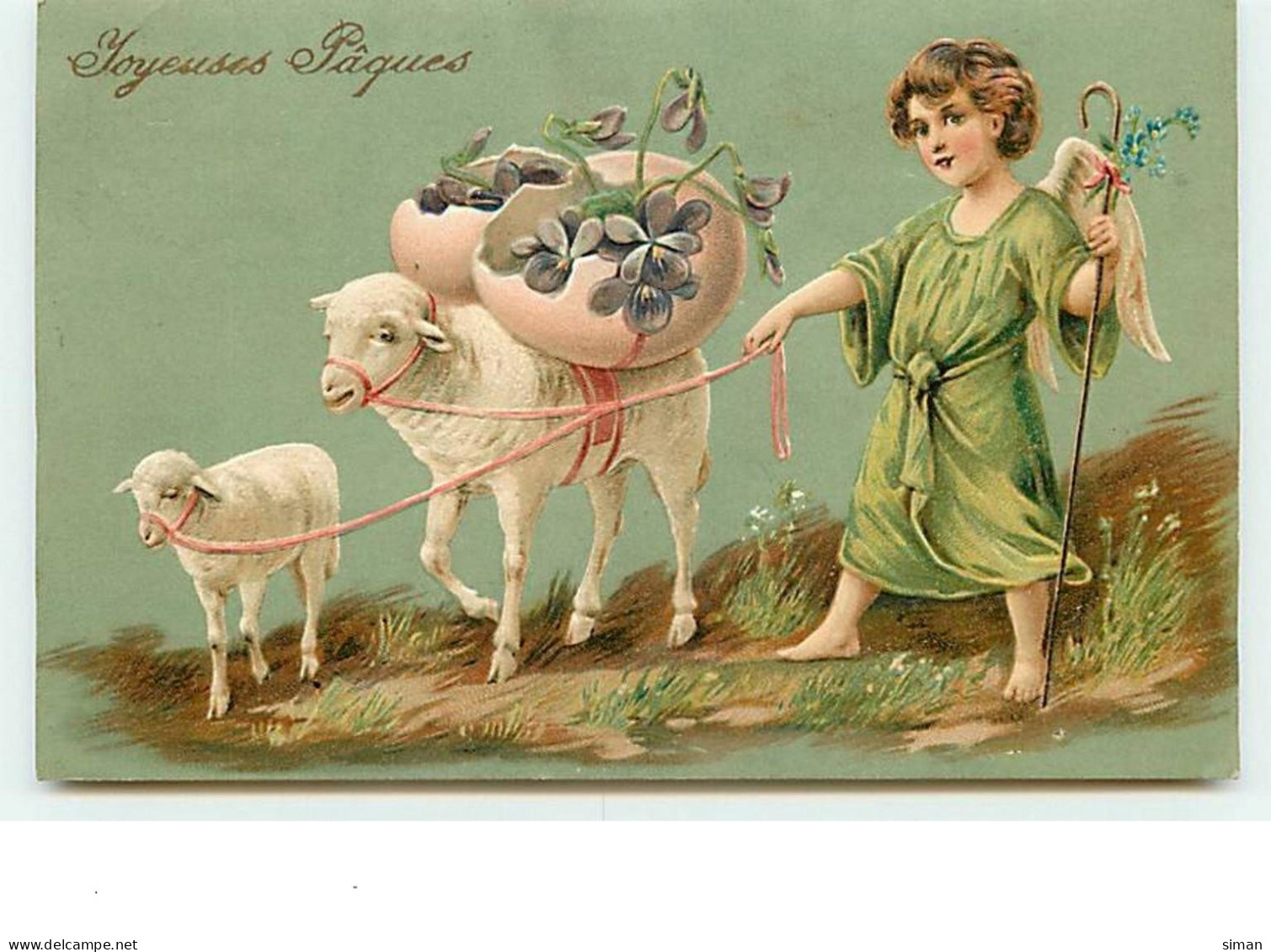 N°6381 - Carte Gaufrée - Joyeuses Pâques - Angelot Avec Deux Moutons - Pâques