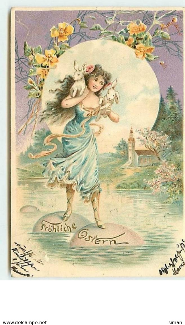 N°7482 - Carte Gaufrée - Fröhliche Ostern - Femme Marchant Sur Des Oeufs - Pascua