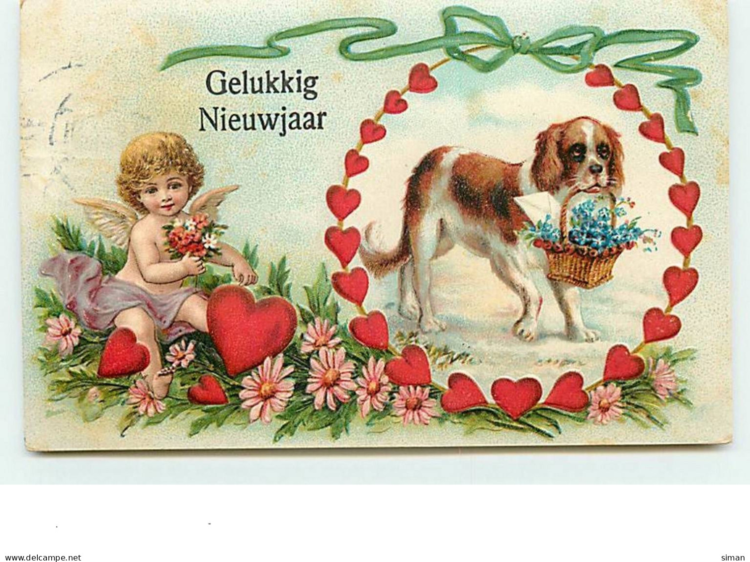 N°11583 - Carte Fantaisie Gaufrée - Gelukkig Nieuwjaar - Angelot Et Saint Bernard - Año Nuevo