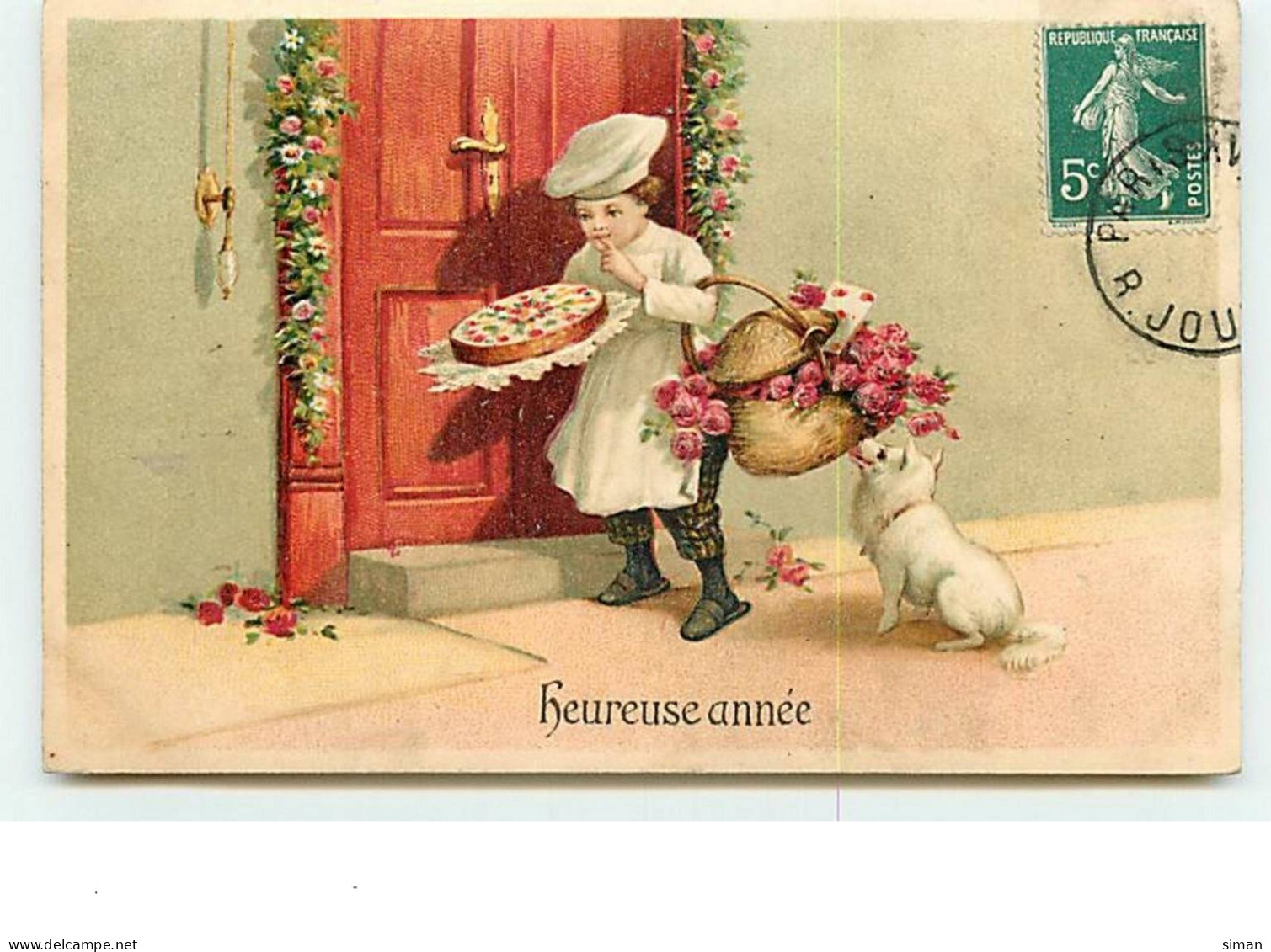 N°8484 - Carte Fantaisie Gaufrée - Heureuse Année - Enfant Avec Un Gateau Sur Un Pas De Porte - Año Nuevo