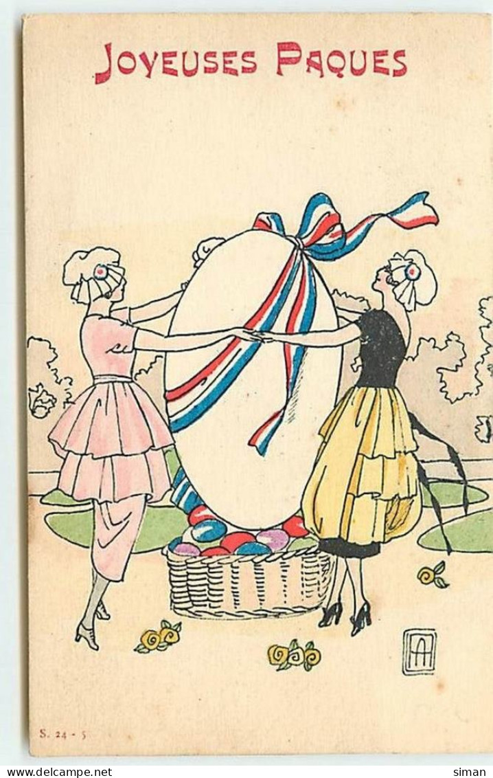 N°13734 - Joyeuses Pâques - Jeunes Femmes Dansant Autour D'un Oeuf Décoré D'un Ruban Tricolore - Pascua