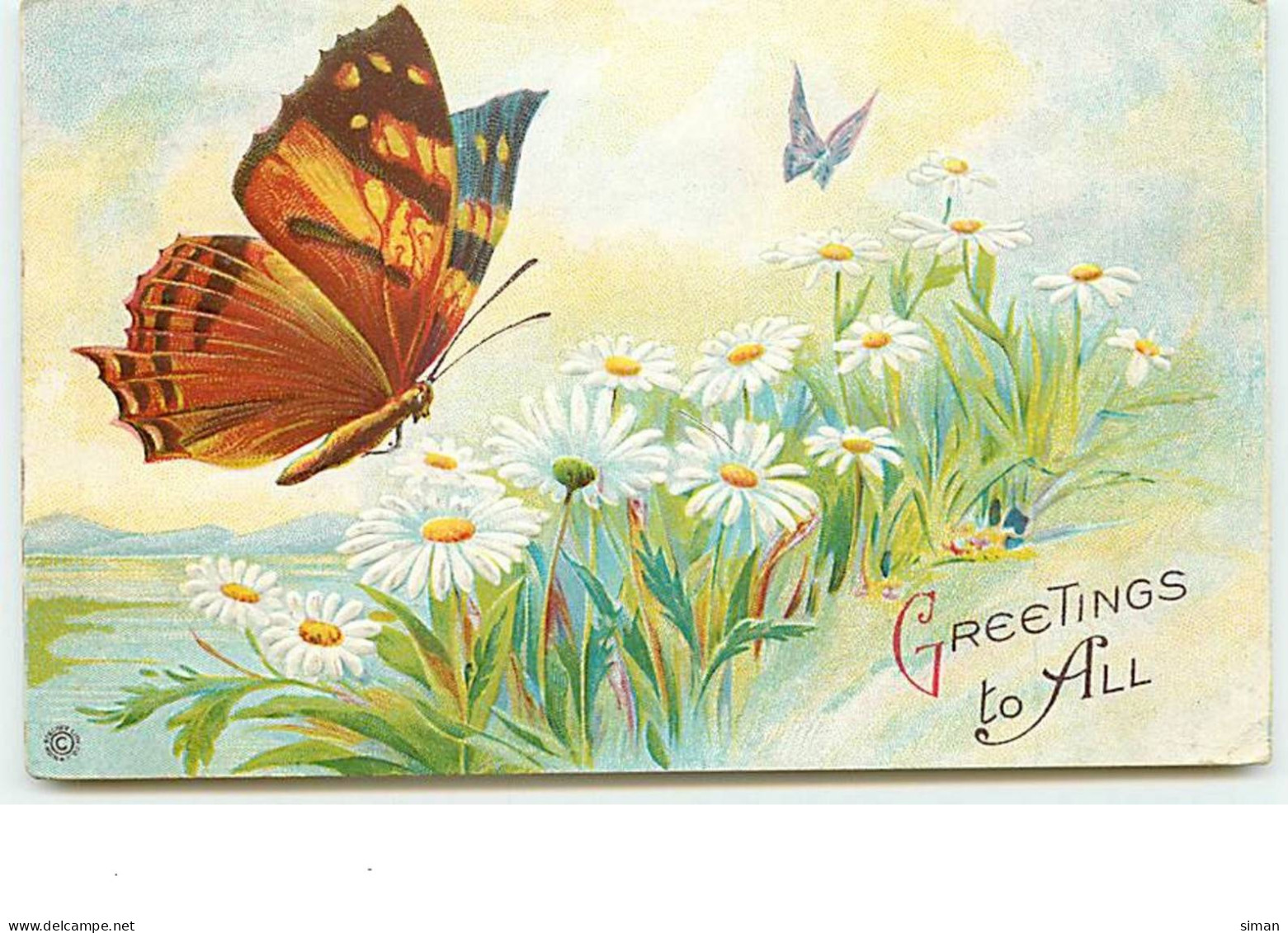 N°13736 - Carte Gaufrée - Greetings To All - Papillons Au-dessus D'un Champ De Fleurs - Otros & Sin Clasificación