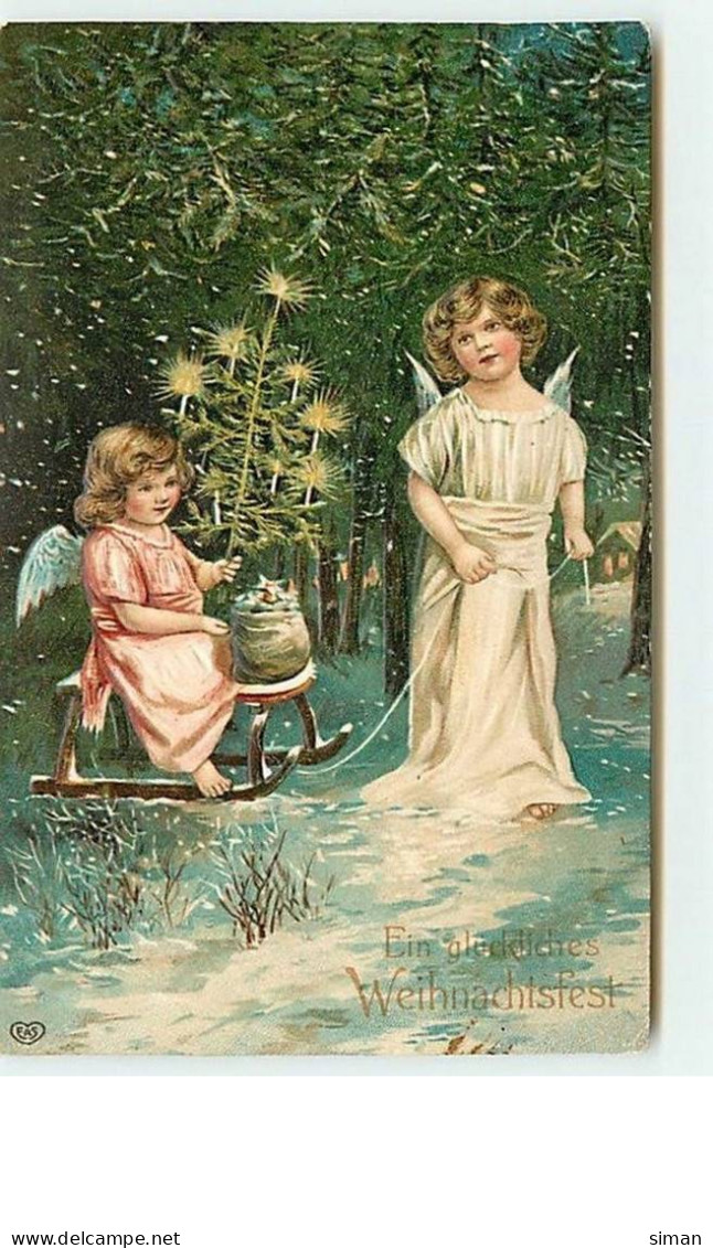 N°11535 - Carte Fantaisie Gaufrée - Fröhliche Weihnachten - Ange Sur Une Luge Tiré Par Un Autre Ange - Otros & Sin Clasificación