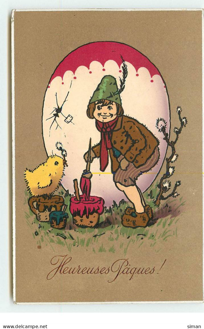 N°17186 - Heureuses Pâques - Homme Peignant Un Oeuf Devant Un Poussin - Pâques