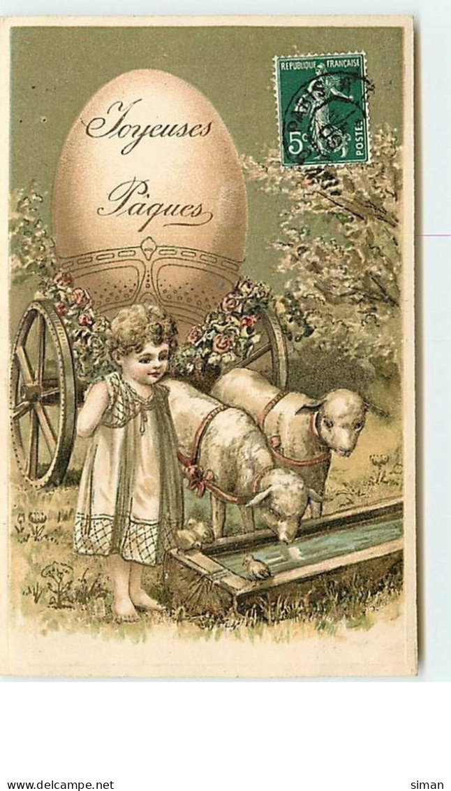 N°8488 - Carte Fantaisie Gaufrée - Joyeuses Paques - Fillette Et Attelage De Moutons - Pascua