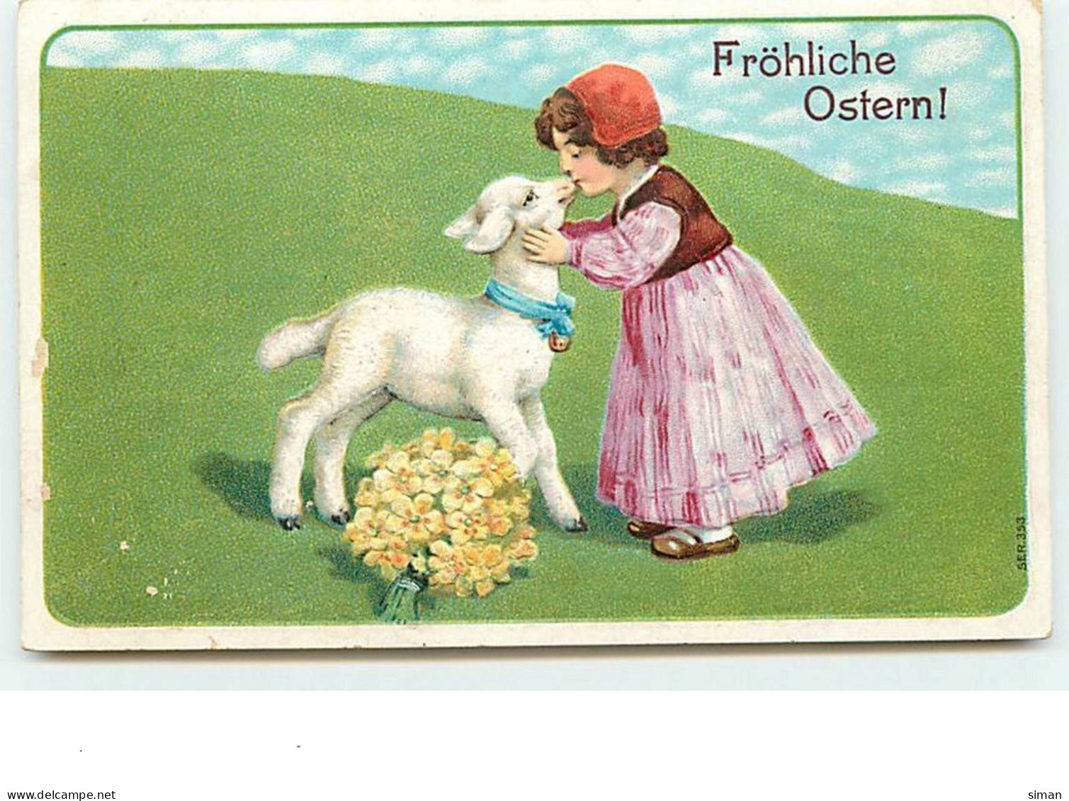 N°10587 - Carte Gaufrée - Fröhliche Ostern - Fillette Embrassant Un Mouton - Pâques
