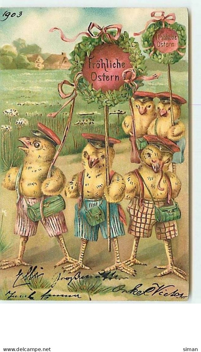 N°8490 - Carte Fantaisie Gaufrée - Frohliche Ostern - Poussins Habillés Avec Des Ballons - Pâques