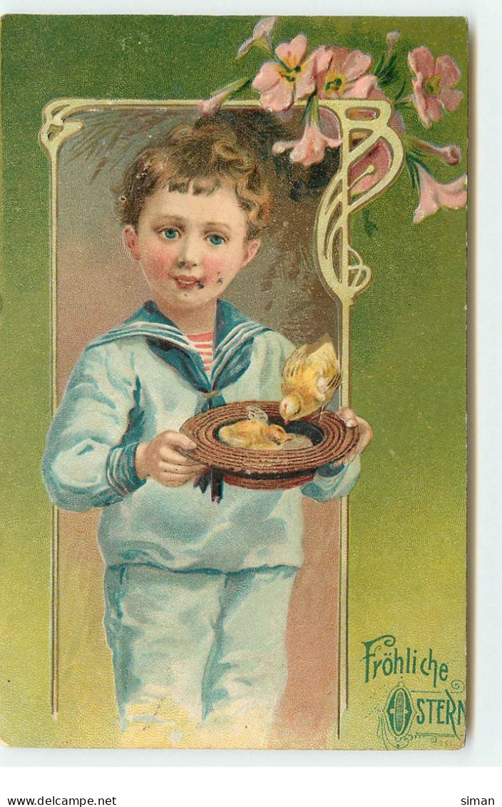 N°17190 - Carte Gaufrée - Fröhliche Ostern - Garçon Portant Des Poussins Dans Son Cannotier - Pâques