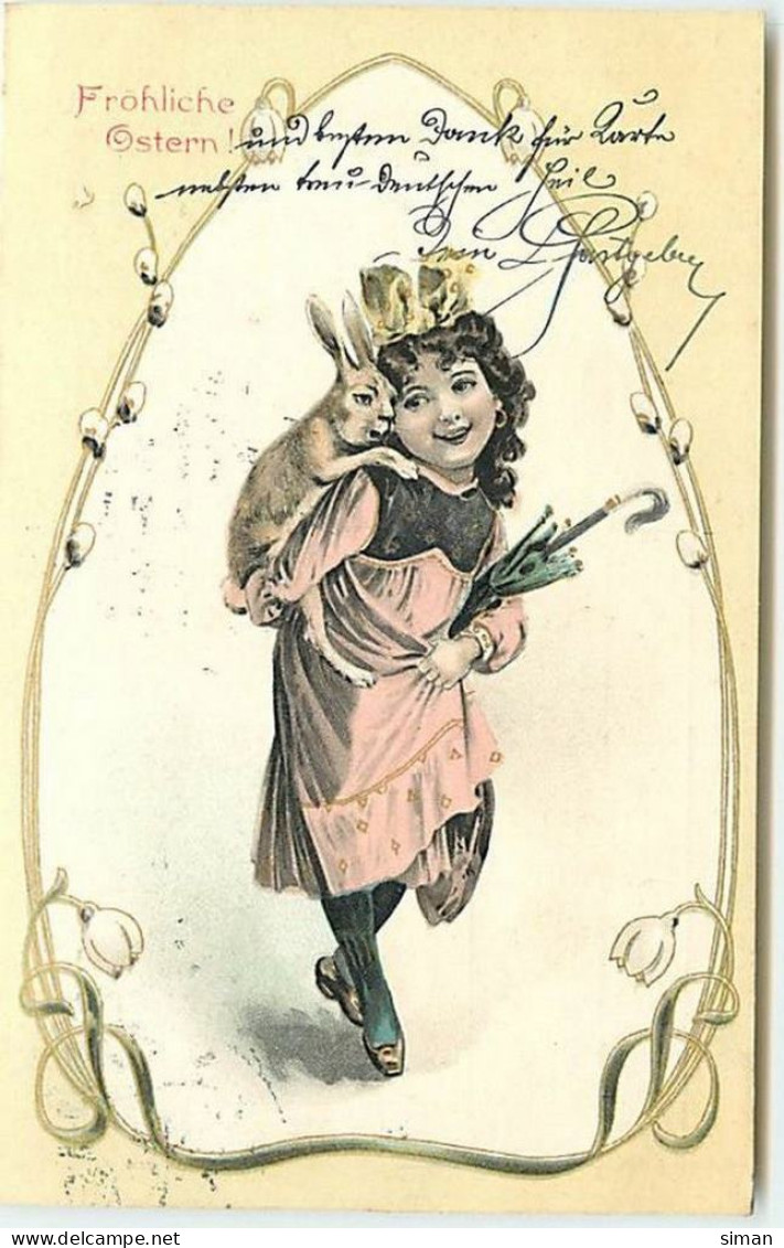 N°13691 - Carte Fantaisie - Fröhliche Ostern - Fillette Et Lapin - Décor Art Nouveau - Pâques