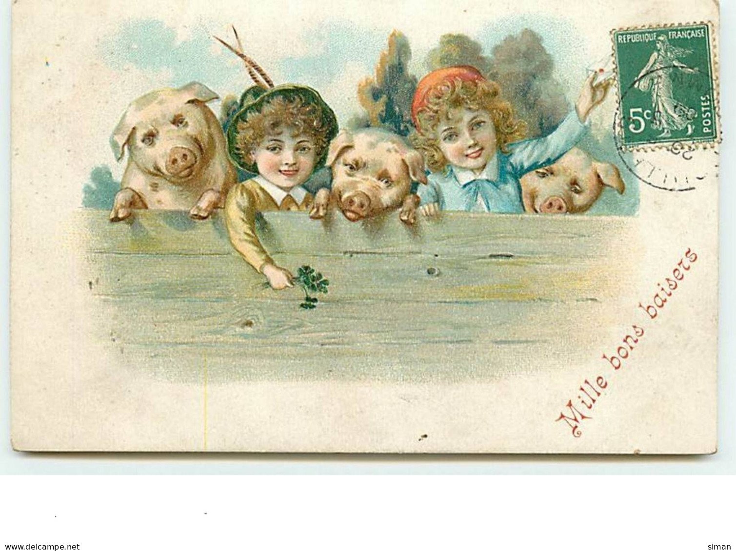 N°11542 - Carte Fantaisie Gaufrée - Mille Bons Baisers - Enfants Et Cochons - New Year