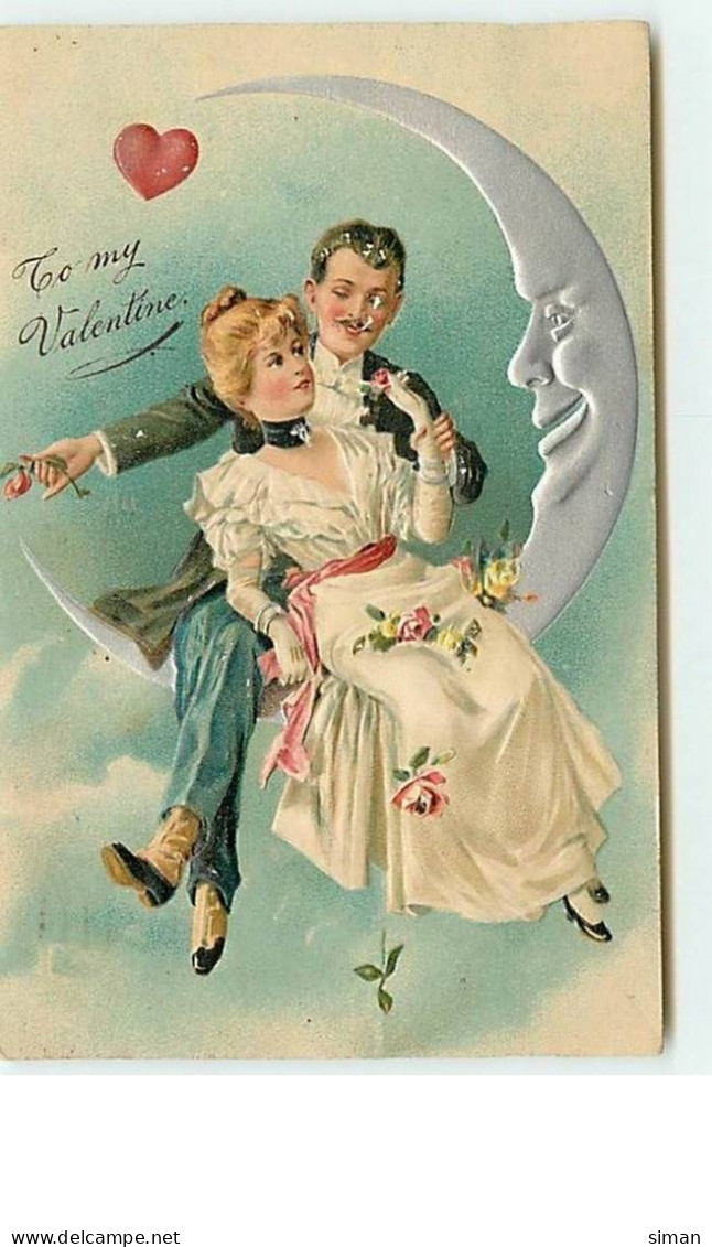 N°6392 - Carte Gaufrée - To My Valentine - Couple D'amoureux Assis Sur La Lune - San Valentino